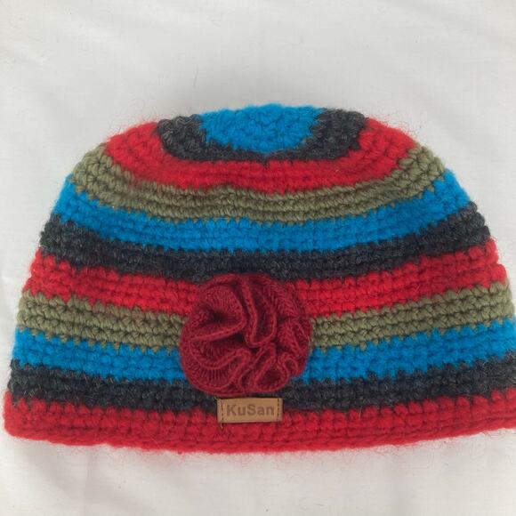 KuSan Wool Blnd Crochet Beanie Red Blue Striped Flower Accent Fleece Lined Nepal - Picture 4 of 8